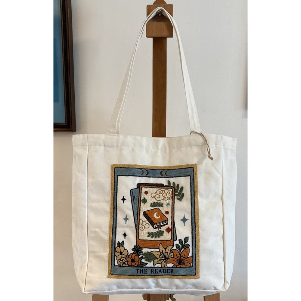 NWOT Page & Petal The Reader Tarot Card Embroidered Canvas Tote Bag Cream New